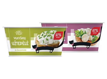 VILKYŠKIŲ varškės užtepėlė su žalumynais; česnakais*, 2 rūšių, 18 % rieb., 2 ind. × 150 g