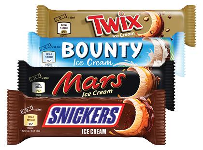Valgomieji ledai SNICKERS; MARS; BOUNTY; TWIX*, 4 rūšių, 2 vnt. × 39–48 g