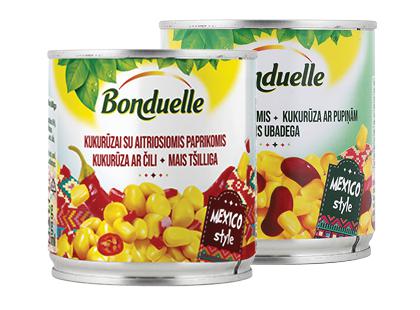 Saldžiųjų kukurūzų ir paprikų; pupelių mišinys BONDUELLE*, 2 rūšių, 165–170 g