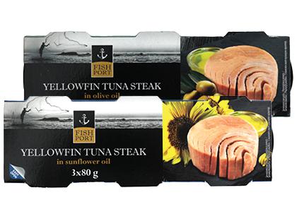 Prekė: Nesmulkinti dryžieji tunai FISH PORT, 2 rūšių, 1 dėž. (3 pak. × 80 g)