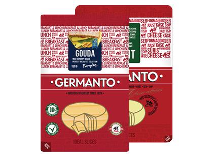 GERMANTO sūris riekelėmis GOUDA; TILSIT*, 2 rūšių, 45 % rieb. s. m., 150 g