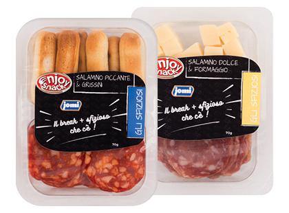 Vytinto saliamio ir duonos lazdelių; saliamio ir sūrio užkandis JOMI*, 2 rūšių, 70 g