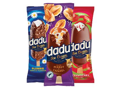 Valgomieji ledai; plombyras ant pagaliuko DADU*, 3 rūšių, 63 g