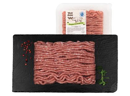 Šviežias smulkintas kiaul. kumpis WELL DONE, užauginta be antibiotikų*, rieb. ne daugiau 10 %, 400 g
