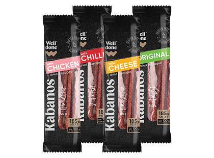 Karštai rūkytos, vytintos KABANOS dešrelės WELL DONE*, 4 rūšių, nerūš., 2 pak. × 120 g