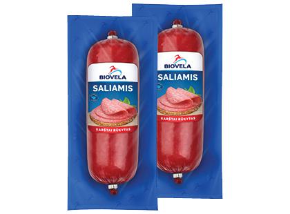 BIOVELOS karštai rūkytas saliamis*, I r., 2 vnt. × 280 g