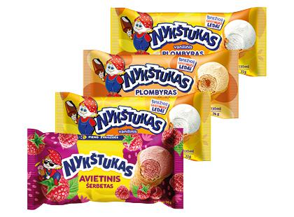 Šerbetas; plombyras puodelyje NYKŠTUKAS*, 3 rūšių, 2 vnt. × 72–130 g