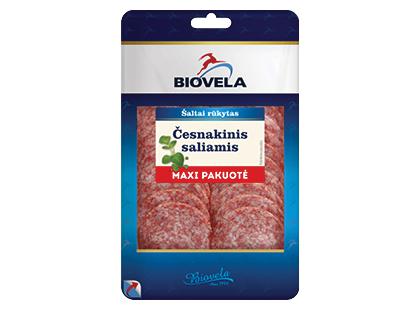 Šaltai rūkytas pjaustytas česnakinis saliamis BIOVELA*, II r., 350 g