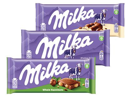 Pieninis šokoladas MILKA*, 3 rūšių, 95–100 g