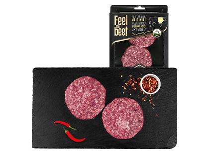 Sausai brandinti jautienos maltiniai mėsainiams FEEL THE BEEF*, brandinti 30 d., 1 pak. (2 vnt. × 125 g)