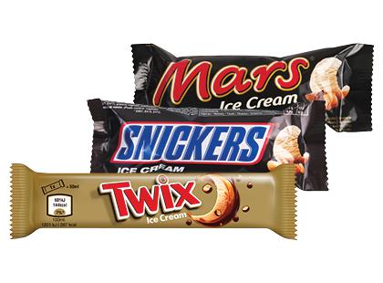 Valgomieji ledai TWIX; SNICKERS; MARS*, 3 rūšių, 40–48 g