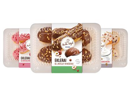 Ekleras su kremu NUTELLA ir riešut.; aviečių; maskarponės sūrio kremu*, 3 rūšių, 1 pak.(2 vnt. × 50 g)