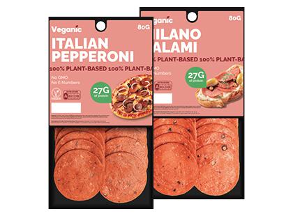 Pjaustyta aug. kilmės dešra ITALIAN PEPPERONI; SALAMI MILANO VEGANIC*, 2 rūšių, 80 g
