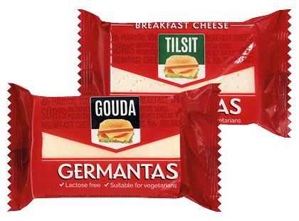 Prekė: GERMANTO sūris GOUDA; TILSIT*, 2 rūšių, 45 % rieb. s. m., 200 g