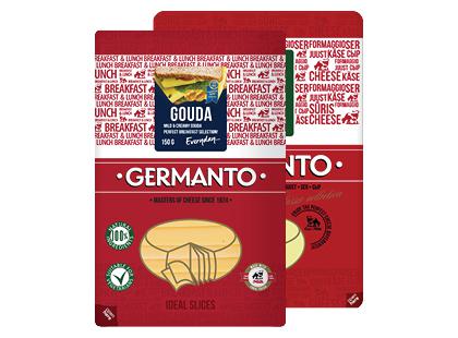 GERMANTO sūris riekelėmis GOUDA; TILSIT, 2 rūšių, 45 % rieb. s. m., 150 g