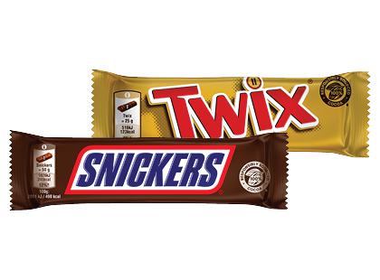 Šokoladinis batonėlis SNICKERS; TWIX*, 2 rūšių, 2 vnt. × 50 g