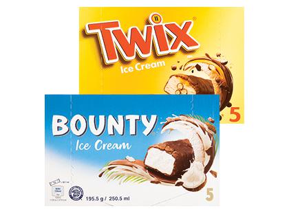 Valgomieji ledai BOUNTY; TWIX*, 2 rūšių, 171–195 g