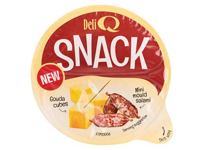 Gaudos kubeliai su saliamio dešrelėmis DELI Q SNACK*, 48 % rieb. s. m., 100 g