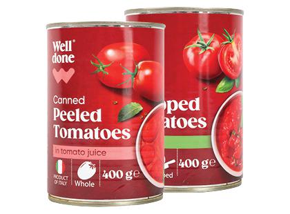 Prekė: Konservuoti lupti; smulkinti pomidorai WELL DONE, 2 rūšių, 400 g
