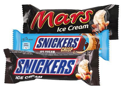 Prekė: Valgomieji ledai SNICKERS; SNICKERS CRISP; MARS, 3 rūšių, 35–48 g