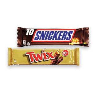 Batonėliai SNICKERS arba TWIX, 10 vnt/pak., 500 g/pak.