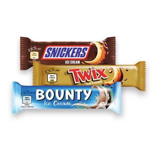 Ledų batonėlis BOUNTY, TWIX, SNICKERS