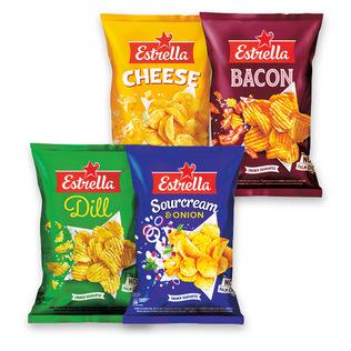 Vingiuoto pjaustymo bulvių traškučiai ESTRELLA (5 rūšių), 130 g