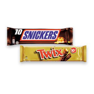 Batonėliai SNICKERS arba TWIX, 10 vnt./pak, 500 g/pak.