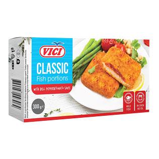 Prekė: Šaldytos žuvų filė porcijos su paprikų ir pomidorų padažu VIČI CLASSIC, 300 g