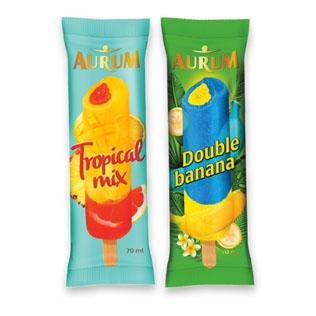 Prekė: Ananasų ir tropinių vaisių arba bananų skonio ledai ant pagaliuko AURUM, 70 ml