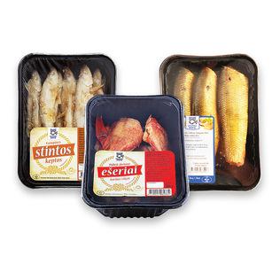 Keptai stintai, 200 g, karštai rūkytiems j.ešeriams, 300 g ir karštai rūkytoms silkių nugarėlėms, 400 g